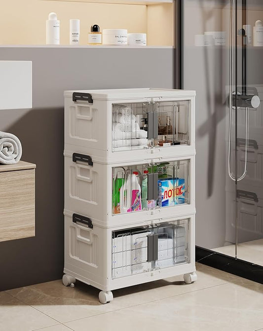 OlarHike 23QT Stackable Storage Bins with Lids - Folding Storage Box with Doors and Wheels, Collapsible Plastic Storage Bins for Closets and Organization, Christmas Gifts, 3 Pack Cubes