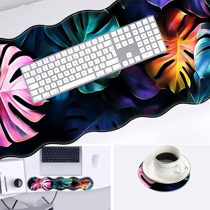Large Mouse Pad and Keyboard Wrist Rest, Desk Pad for Keyboard and Mouse, 4-in-1 Large Gaming Mouse Pad with Wrist Support, Desk Mat for Home Office Study Game-Colorful Tropical Leaf