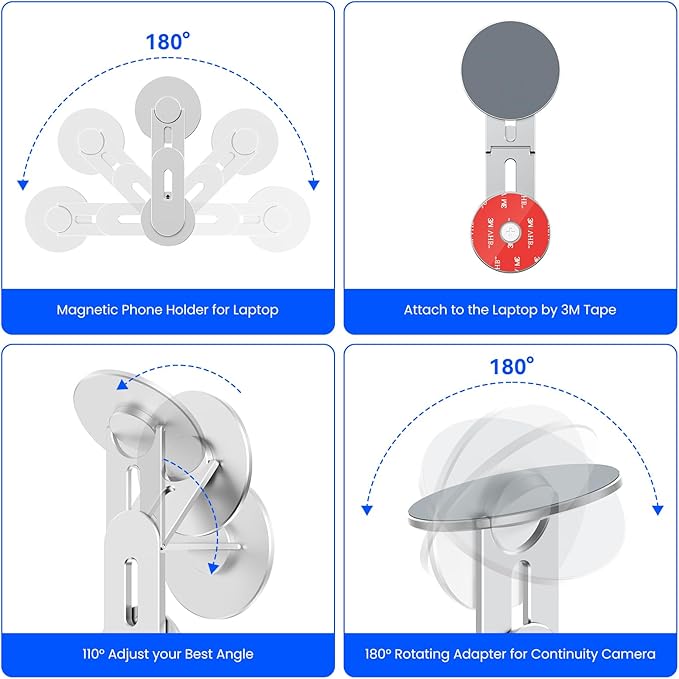 Magnetic Phone Holder for Laptop for MagSafe for iPhone 16/15/14/13/12 & All Phones, 180°Adjustable Phone Side Mount for Computer Monitor for Tesla, Desktop Cell Phone Bracket (Silver)