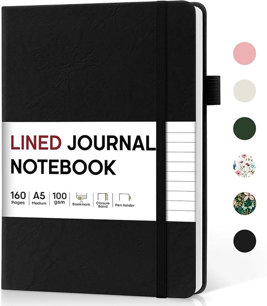 Lined Journal Notebook for Women & Men, Hardcover Leather Journal for writing, A5 College Ruled Notebook for Work & Note Taking, Perfect for Office School Home Supplies, 160 Pages, Black