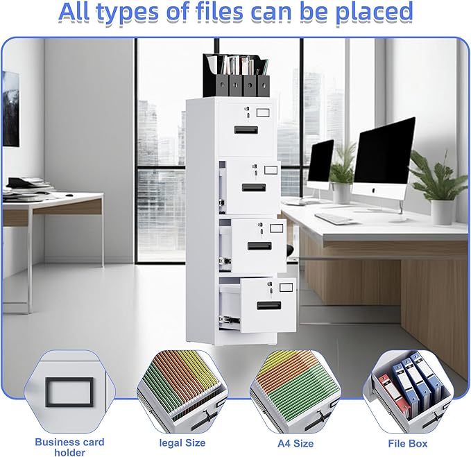 METAN Upgrade Metal 4 Drawer Files Cabinet for Home Office,Lockable Steel File Storage Cabinet with 4 Locks for Hanging Legal/Letter A4 Size, Assembly Required,White