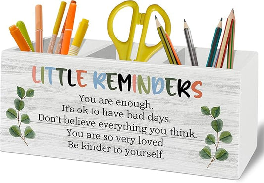 Little Reminders Inspirational Pen Pencil Holder Organizer for Desk Accessories, Mental Health Motivational Wooden Box Sign Desk Decor for Home Office Decoration, Positive Gifts