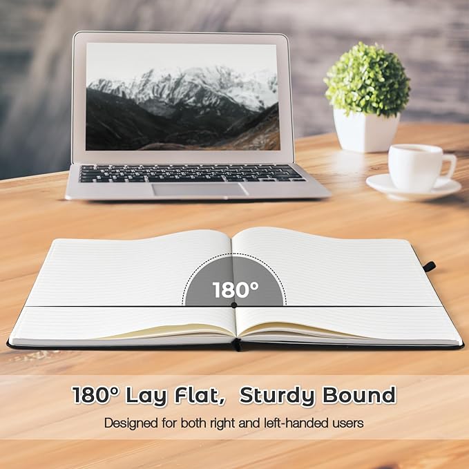 Lined Journal Notebook, 8.5" x 11" Hardcover Leather Notebook for Work, Wide Ruled Notebook Journal for Women Men, 192 Thick Paper, Lay Flat, 2 Pockets, A4 Large Journals for Writing, Black Notebook