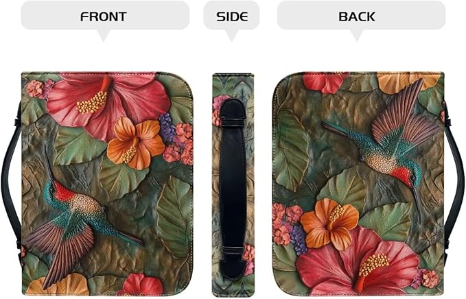 Lotusorchid Leather Bible Book Cover Case with Handle Pocket, Hummingbird Bible Cover Case with Pen Storage, Sturdy PU Bible Tote Bag, Bible Accessories, 2XL