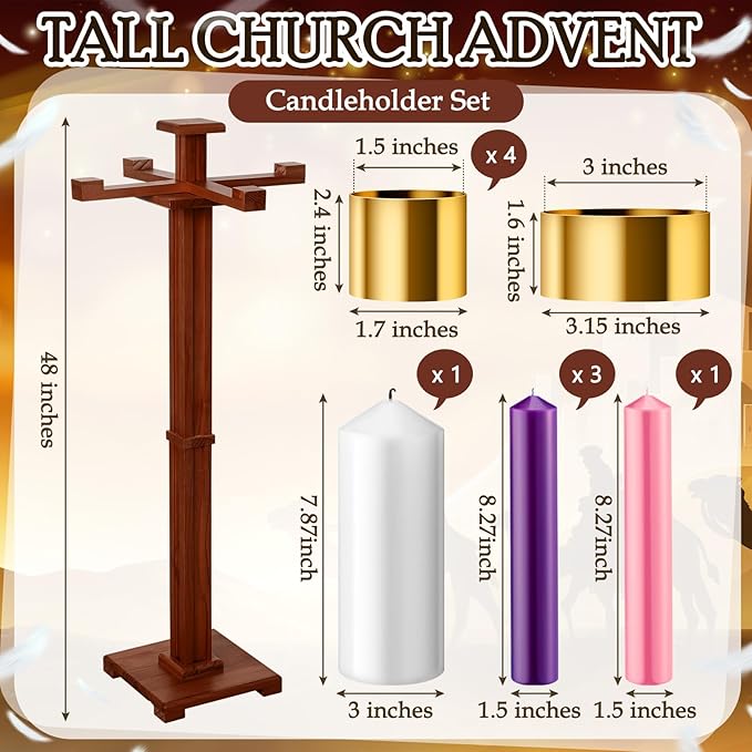 Mumufy 48 Inch Tall Advent Church Stand Candleholder Set of 5 Purple Pink White Candles Wood Nativity Candle Stand with Metal Arch Christmas Candlestick Holder for Christmas Church Holy (Deep Wood)
