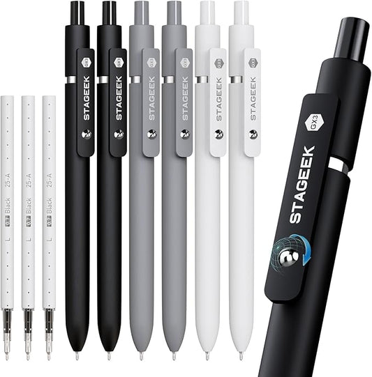 Black Gel Pens, 6Pcs Fine Point Smooth Writing Pens with 3 Extra Refills, Quick Dry Black Ink Pens for Journaling, Office, Note Taking, School Supplies, Nurse Aesthetic(Black Gray White)