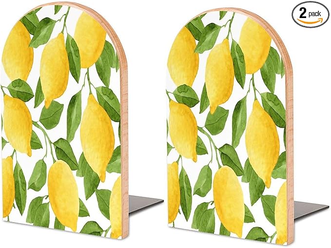 Lemon Tree Leaves Wooden Large Book Ends Bookends for Shelves, 2 Pack Non-Skid Bookends for Heave Books, Book Stoppers Holders for Kitchen Office Library, 6.7x4.7x3.9in