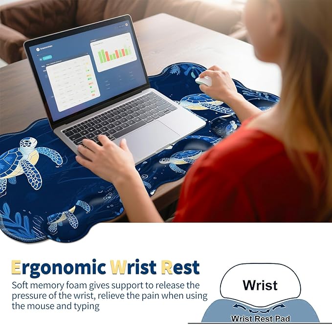 4-Piece XXL Gaming Mouse Pad Set (31.5"x11.8") with Keyboard Wrist Rest,Mouse Wrist Support & Coaster,Ergonomic Non-Slip Desk Mat for Office & Home,Blue Sea Turtle