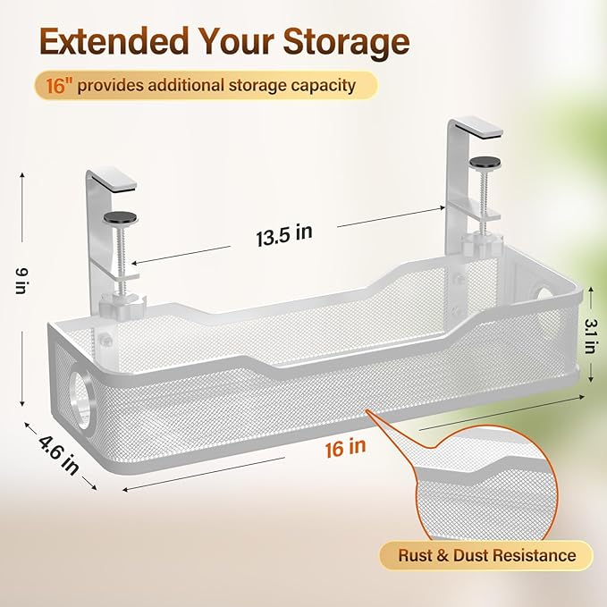 Under Desk Cable Management Large, Cinati 16" Cable Management Box for Table Thickness up to 3", Wire Cord Organizer with Clamp No Drill, No Damage to Desk (White)