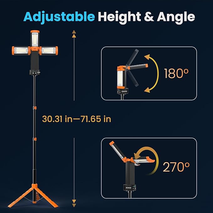 CAVN Rechargeable Camping Lights with Remote & Detachable Tripod Max Height 6.7 ft, Portable Work Light with 3 LED Lamp Heads, Camping Essentials Gear Emergency Flashlight with Hook, Orange