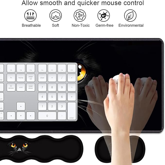 4 in 1 Ergonomic Keyboard Wrist Rest & Mouse Pad Wrist Rest Set, Large XXL Gaming Desk Mat 31.5"x 11.8" with Non-Slip Base, Memory Foam for Home Office Study Gaming, Black Cat Face