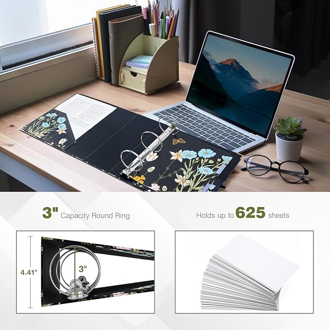 Ospelelf 3 Ring Binder for Letter Size Documents with 5 Tab Dividers, 3 Inch Ring, 4.4 Inch Spine, Black Floral Binder with Clip for School and Office Supplies, Moonlit Blossoms