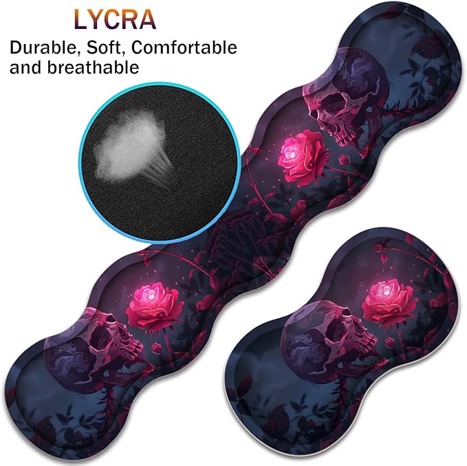 Large XXL Gaming Desk Mat 31.5"x 11.8", Ergonomic Keyboard Wrist Rest & Mouse Pad Wrist Rest + Coaster Set, Non-Slip Base, Memory Foam, Office and Home, Rose Skull