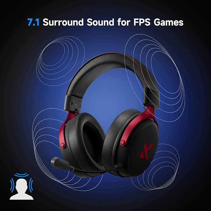 MCHOSE V9 PRO Wireless Gaming Headset 7.1 Surround Sound for PS5 PS4 PC SWITCH TOPSPEED Gaming Headphones, Noise Canceling Mic, 250Hr Battery, Low 15ms Latency, Lightweight, BT 5.3 FPS Games Black&Red