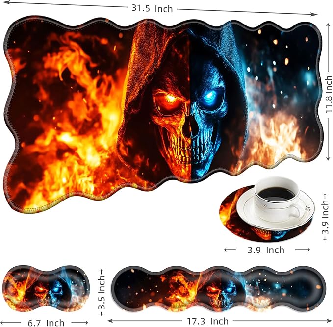 Large Mouse Pad and Keyboard Wrist Rest, Desk Pad for Keyboard and Mouse, 4-in-1 Large Gaming Mouse Pad with Wrist Support, Desk Mat for Home Office Study Game-Flaming Skull