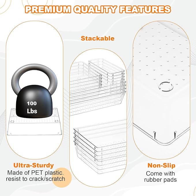 12 Pcs Clear Plastic Drawer Organizer, 12"x 6"x2", 9"x6"x2", 6"x3"x2", Kitchen Bathroom Fridge Utensil Vanity Drawer Organizers Tray Makeup Storage Organizer Drawers Trays for Organization Office