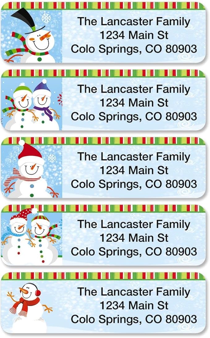 Happy Snowman Holiday Rolled Personalized Return Address Mailing Labels with Dispenser, Set of 500, 5 Designs, Small ¾ x 2½ Inch Size, Custom Self-Adhesive Sticker Roll, by Colorful Images