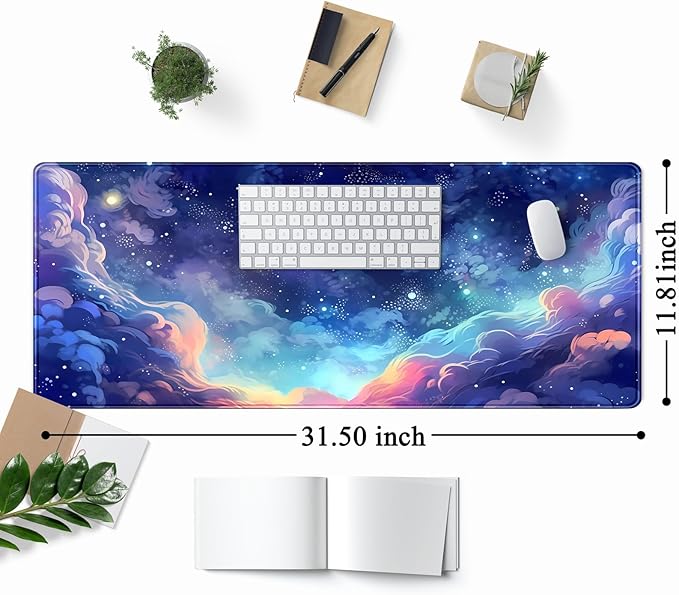 Pastel Anime Space Desk Mat Nebula View Cute Aesthetic Desk Pad Stars Galaxies Deep Dark Blue Cosmos Large Mouse Pad Extended Gaming Mousepad XL Laptop Keyboard Mouse Mat 31.5"x11.8"