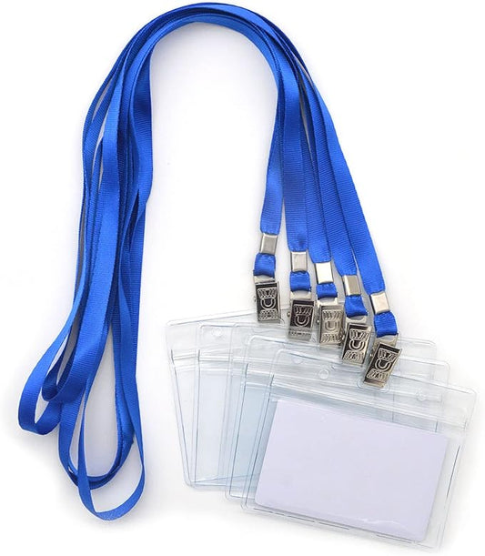 Name Tags,Bird Fiy 50 Pcs Waterproof Type Clear Plastic Horizontal Name Tag Badge Id Card and 50 Pcs Blue Lanyard