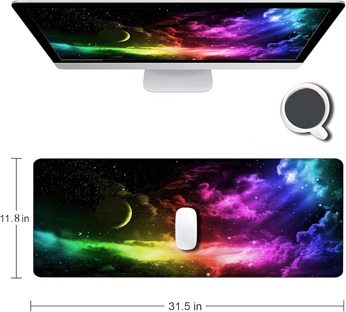 Mouse Pad Gaming, Large Mouse Pads for Desk, Keyboard Mouse Mat Desk Pad, Non-Slip Rubber Base with Stitched Edges Mousepad, 31.5x11.8in Colorful Galaxy