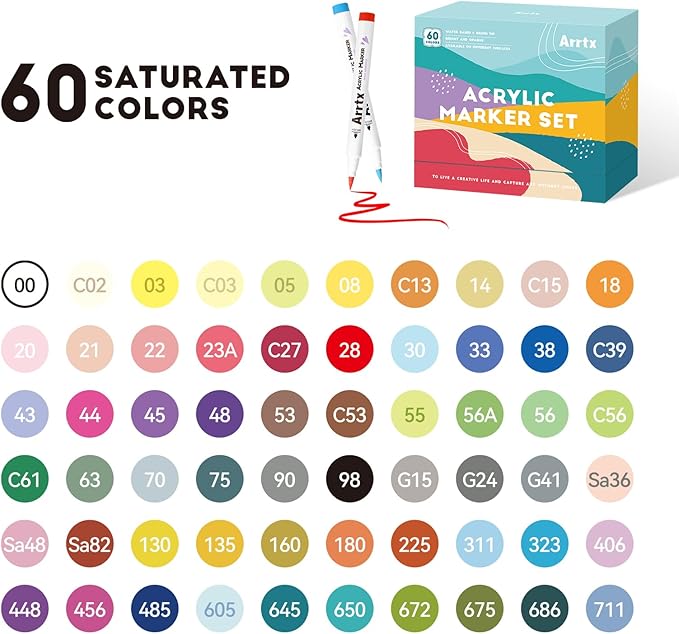 Arrtx 60 Colors Acrylic Paint Pens, Paint Markers Pens, for Artists Adults Coloring Drawing Scenery Landscape Natural- Brush Tip for Rock Painting, Wood, Canvas, DIY Crafts Making Art Supplies-60C