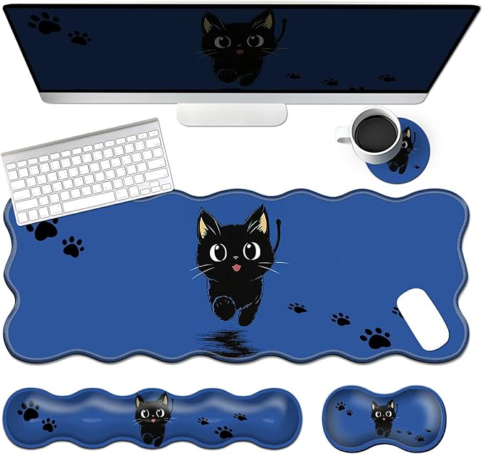 4-Piece XXL Gaming Mouse Pad Set (31.5"x11.8") with Keyboard Wrist Rest,Mouse Wrist Support & Coaster,Ergonomic Non-Slip Desk Mat for Office & Home,Cute Black Cat