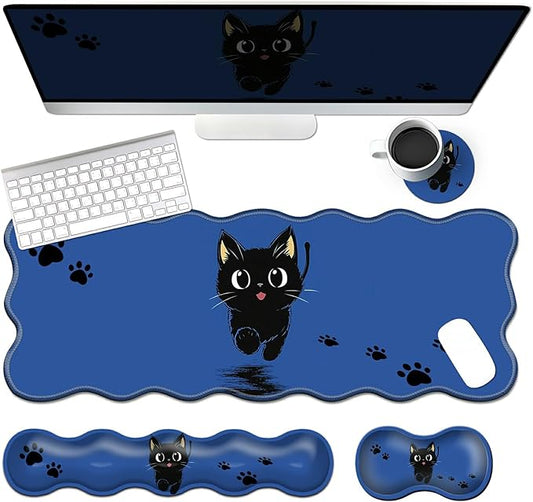 4-Piece XXL Gaming Mouse Pad Set (31.5"x11.8") with Keyboard Wrist Rest,Mouse Wrist Support & Coaster,Ergonomic Non-Slip Desk Mat for Office & Home,Cute Black Cat