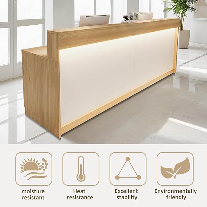 Modern Reception Desk Front Desk with LED Strip Lighting, Lockable Drawers, and Versatile Storage for Office, Checkout (Wood Color/Regular Type, 55.12" L*23.62" W*39.37" H)