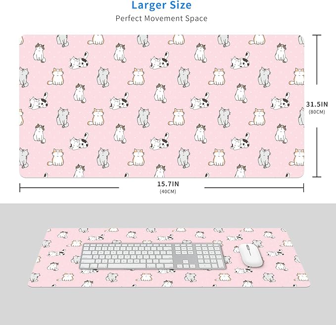 MAYCARI Cute Desk Mat Cartoon Desk Pad Mouse Pad Kawaii Large Pink Cats Gaming Mousepad XXL Laptop Keyboard Desktop Writing Pad for Girls Students 31.5"X15.7"