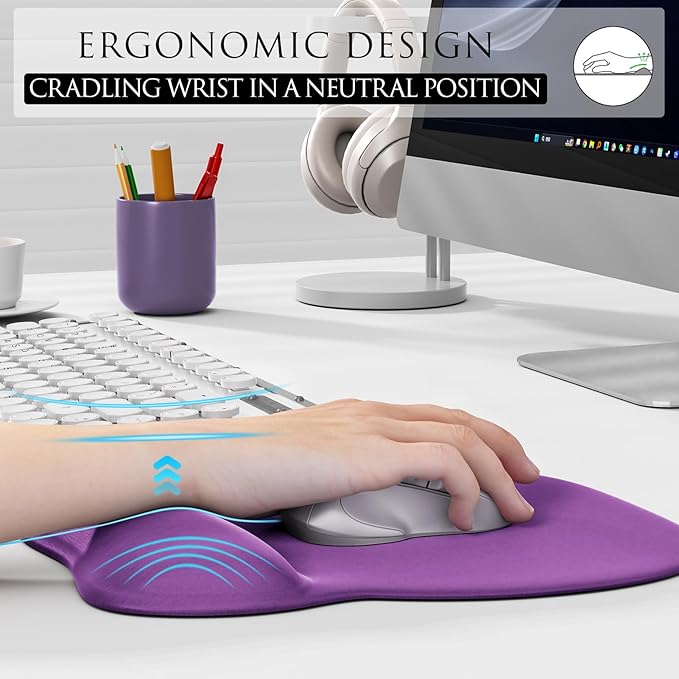 MROCO Ergonomic Mouse Pad with Gel Wrist Rest, Comfortable Mousepad with Smooth Wrist Support Surface and Non-Slip PU Base for Pain Relief, Computer, Laptop, Office & Home, 9.4 x 8.1 in, Violet Purple