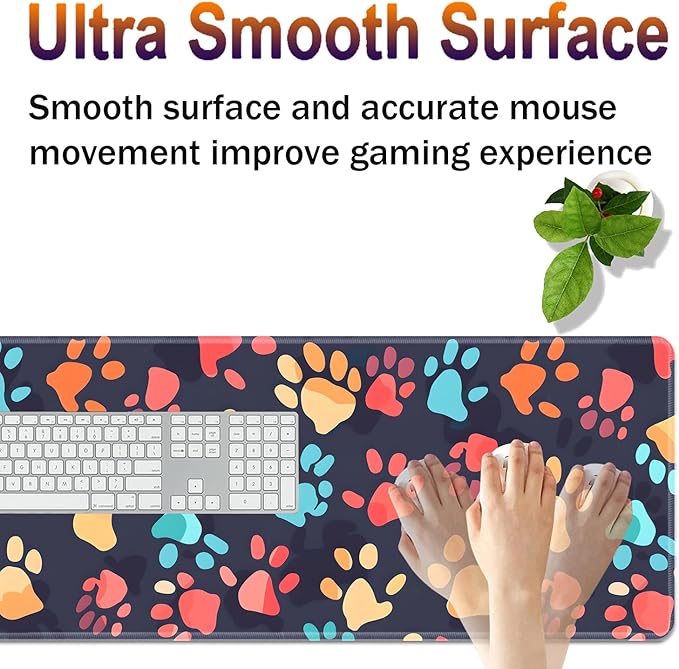 Large XXL Gaming Desk Mat 31.5"x 11.8", Ergonomic Keyboard Wrist Rest & Mouse Pad Wrist Rest + Coaster Set, Non-Slip Base, Memory Foam, Office and Home, Color Dog Paw Prints