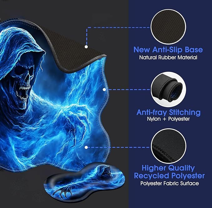 Large Mouse Pad and Keyboard Wrist Rest, Desk Pad for Keyboard and Mouse, 4-in-1 Large Gaming Mouse Pad with Wrist Support, Desk Mat for Home Office Study Game-Smoke Skull