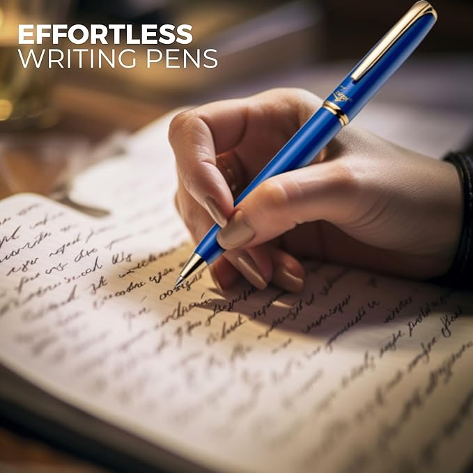 ZenZoi Blue Ballpoint Pen - Premium Writing Instrument for Men or Women With Gold Trim, Smooth Writing Schmidt Ink Refills, Luxury Gift Set, High-End, Retractable, Professional for Journaling