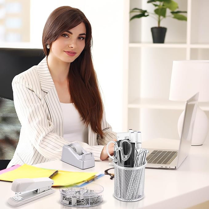 17 in1 Silvery Desk Organizers and Accessories Set, 3 Office Desk Supplies Storage Organization, 4 Pens, Stapler, Staples & Remover, Tape & Dispenser, Scissors, Ruler, Clips, Hole Punch Back to School