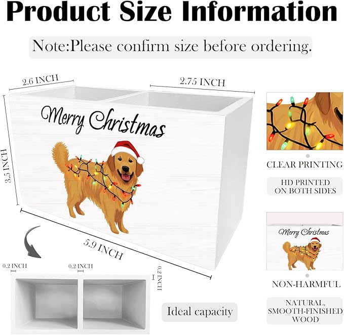 Merry Christmas Golden Retriever Pen Holder for Desk, Holiday Xmas Dog Wooden Box Sign Desk Decor for Home Office Decoration, Dog Pencil Organizer, Golden Retriever Christmas Decor