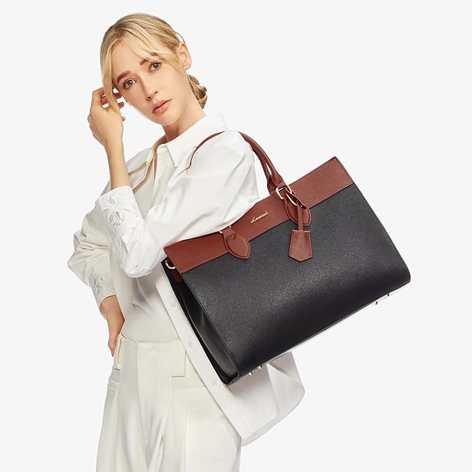 LOVEVOOK Laptop Bag for Women, 15.6 inch Leather Tote Bag Work Business Office Bag Waterproof Briefcase Computer Handbag Shoulder, Black-Brown