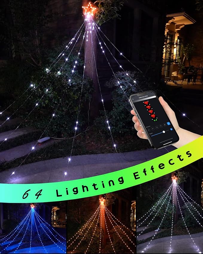 Outdoor Christmas Decorations Lights with Star, Smart DIY Custom Display 11.8Ft 100 Modes Yard Waterfall Tree String Lights, App Control 344LED RGB Color Changing Music Timer for Xmas Tree Lawn Decor