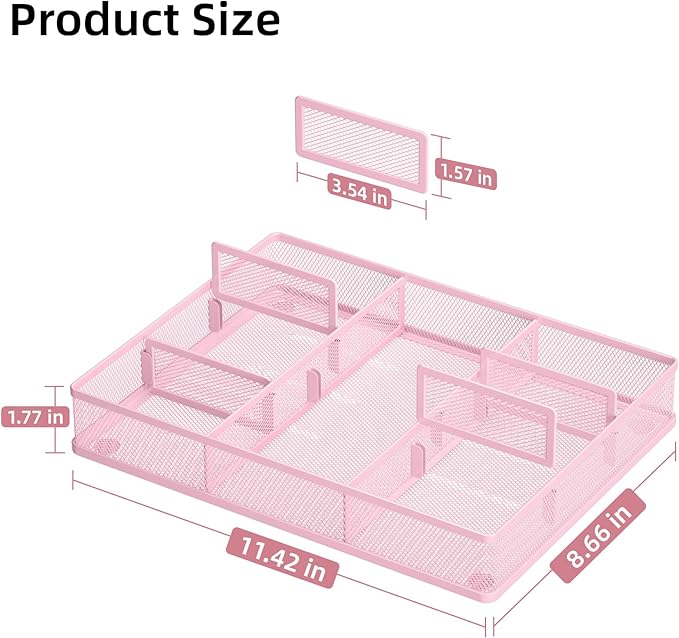 Marbrasse 2P Pink Desk Drawer Organizer, Metal Mesh Drawer Organizer Tray with 5 Adjustable Compartments,Desk Organizers and Accessories for Home,Office,Kitchen,Makeup,Vanity (Pink)
