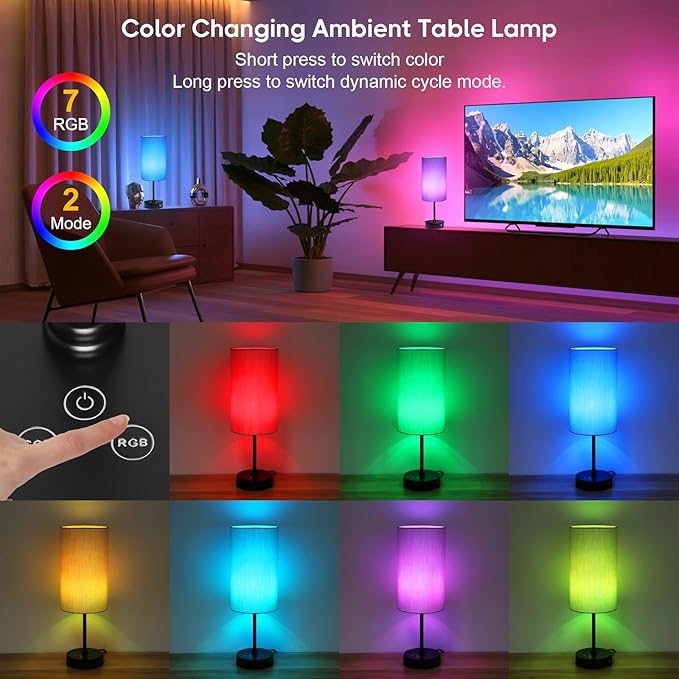 Unicozin 17Inch Table Lamp, 3 CCT 3000K/4500K/6500K & RGB Color Changing, Stepless Dimmable Bedside Lamp for Reading, Ambience Nightstand Light for Home Decor Party, Grey Shade