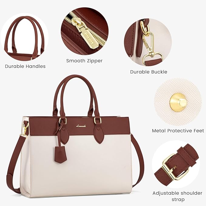 LOVEVOOK Laptop Tote Bag for Women, 15.6 inch Work Bag Purse, Waterproof Leather Women Business Office Briefcase, Beige-Brown