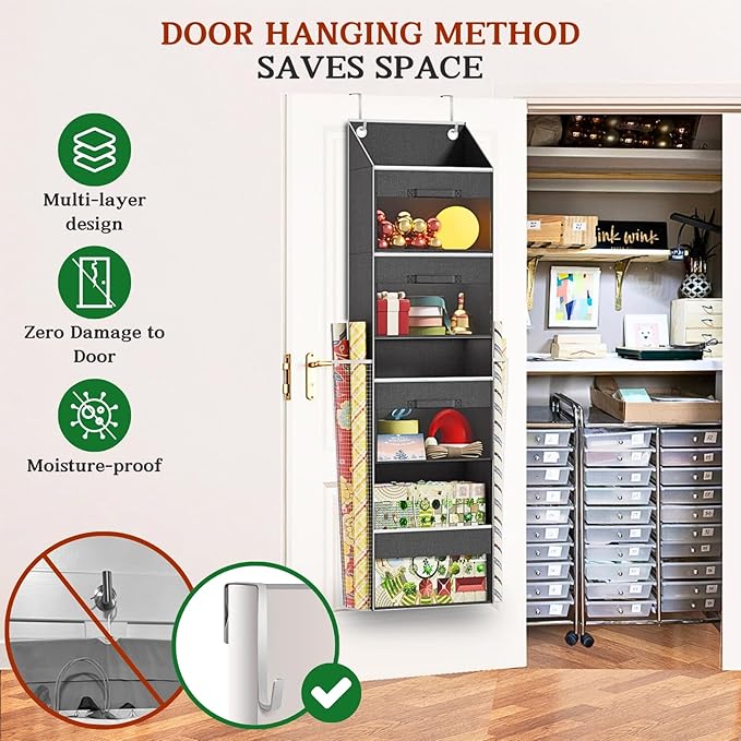 Over Door Wrapping Paper Organizer Storage with 3 Removable Drawers & Side Pockets – Dual Use Design with Elastic Straps – Christmas Gift Wrap Storage for Ribbons, Bows, Ornament and Other Tools