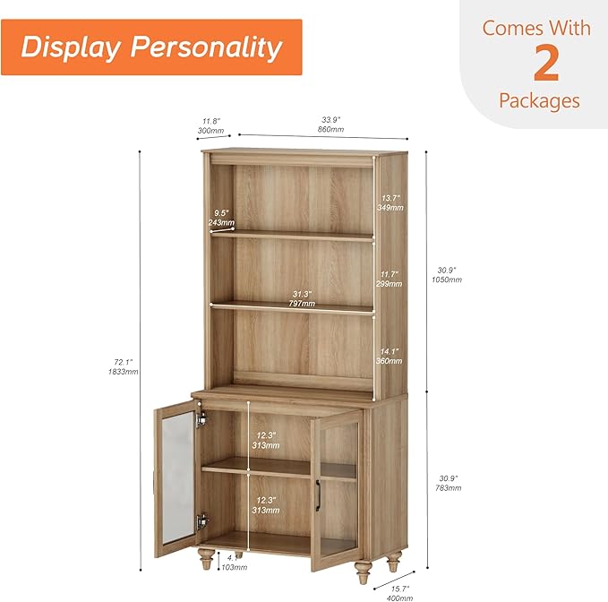 WAMPAT 5 Tier Bookshelf 72" Tall Bookcase with Glass Doors,Large Farmhouse Display Book Shelf with Adjustable Shelves and Storage Cabinet，Library Wood Bookshelves for Living Room,Kitchen, Oak