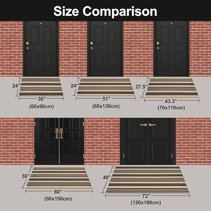 OJIA Outdoor Door Mat 27.5"x43", Black and Tan Outdoor Rugs Cotton Hand-Woven Front Door Rug Machine Washable Door Mats Striped Entry Rug for Front Porch/Farmhouse/Kitchen/Entryway/Outdoor Decor