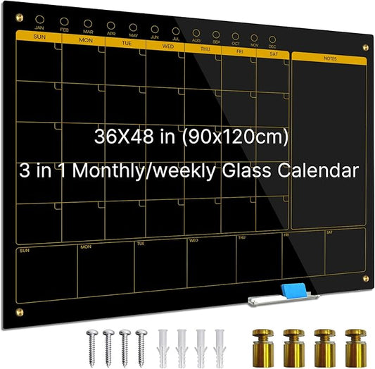Magnetic Glass Planner Writeboard 36"X48" Monthly/Weekly 3 in 1 Calendar Premium Tempered Glass Dry Erase Boards Frameless Wall Mounted (Black)