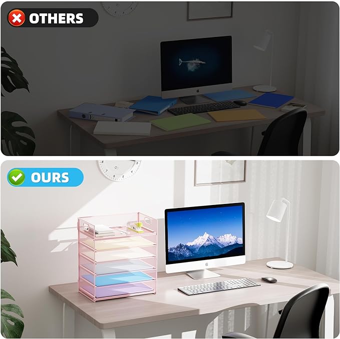 Marbrasse 6 Tier Paper Organizer Letter Tray - Mesh Desk File Organizer with Handle, Paper Sorter Organizer for Letter/A4 Office File Folder Holder - Pink