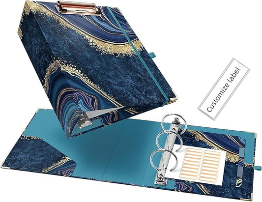 Ospelelf Mini 3-Ring Binder, 2-Inch, Cute for 5.5" x 8.5" with 5 Tab Dividers, File Folder Labels and Low Profile Clipboards, Blue Marble for School and Office