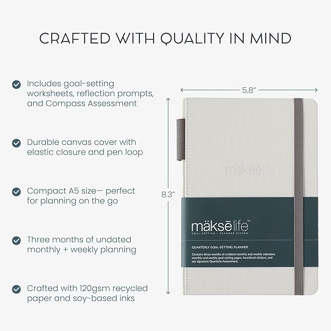 MäksēLife 90-Day Quarterly Planner - Entrepreneur Goal Setting & Project Management, Undated 3-Month Productivity Planner for Small Business Owners, Cream