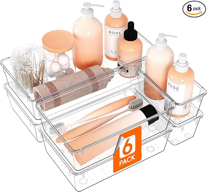 Lifewit 6 Pcs Large Bathroom Drawer Organizers, 3 Sizes Clear Plastic Storage Organizer Trays for Make Up, Kitchen Utensils, Vanity Accessories in Bathroom/Office/Dresser Organization