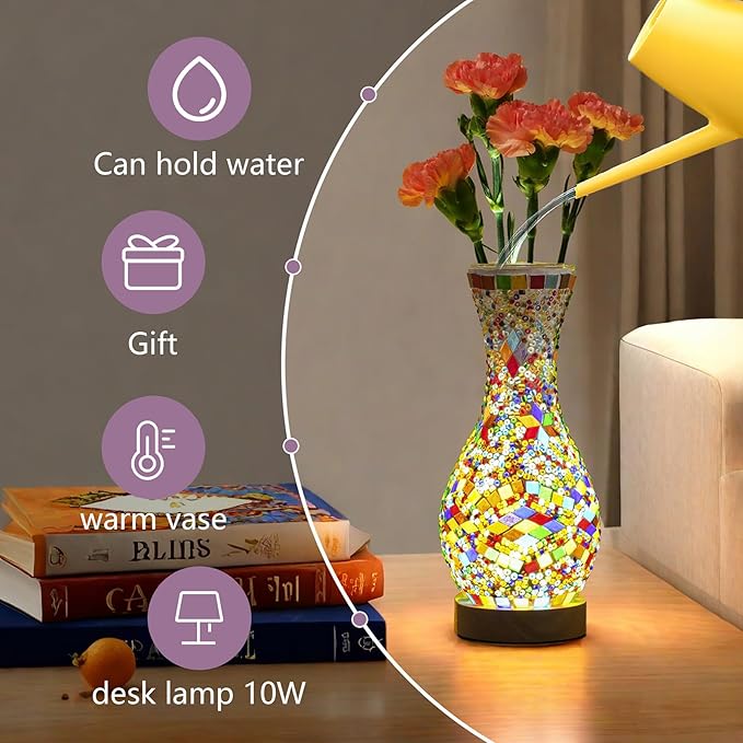Turkish Moroccan Style Mosaic Table Lamp with USB Power - Colorful Glass Vase Light for Living Room or Bedroom Decor