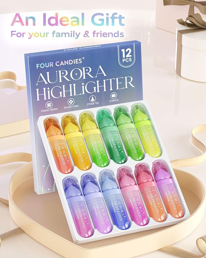 Four Candies 12 Pcs Highlighters Assorted Colors, Cute Pastel Highlighter Set, Dry Quickly, Soft Chisel Tip, No Bleed Bible Highlighter, Aesthetic Highlighters for School, Purple Christmas Gifts